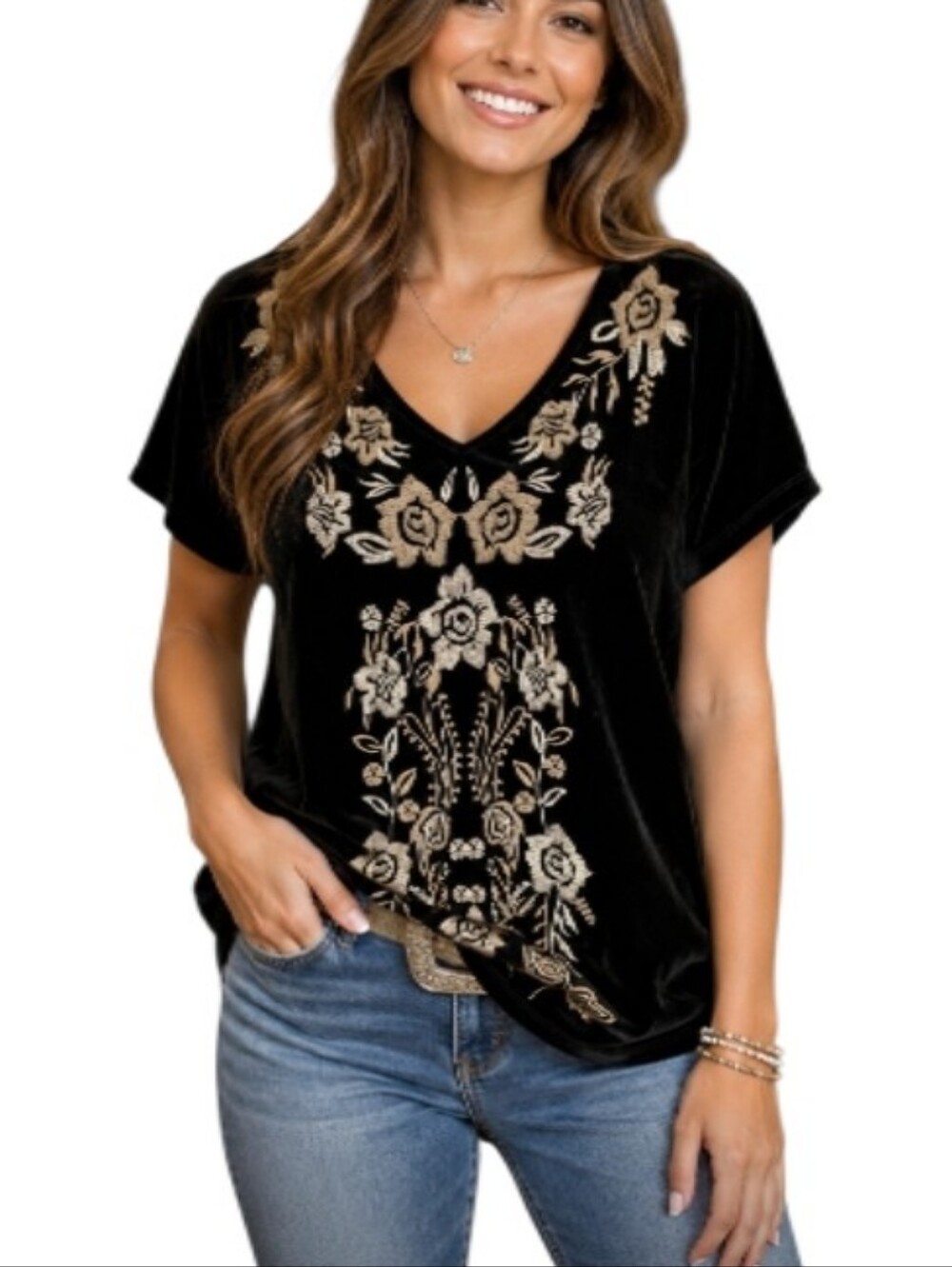 THML Black Velvet V-Neck Top with Floral Embroidery